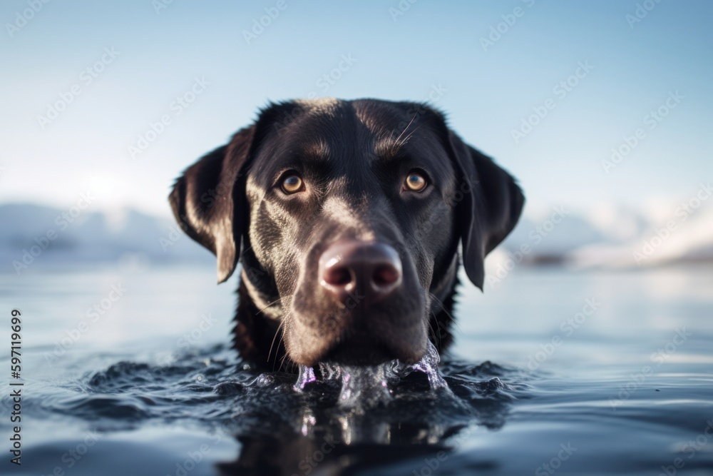 Close-up portrait photography of a curious labrador retriever swimming against snowy winter landscapes background. With generative AI technology Close-up portrait photography of a curious labrador retriever swimming against snowy winter landscapes background. With generative AI technology