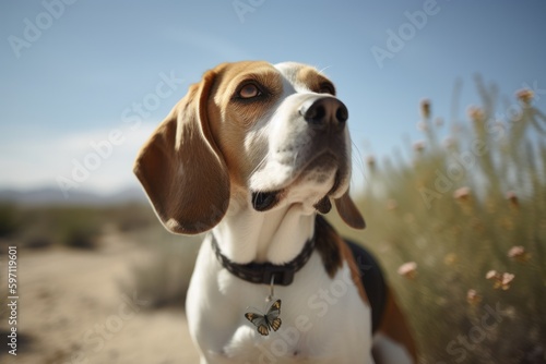 Medium shot portrait photography of a happy beagle having a butterfly on its nose against desert landscapes background. With generative AI technology