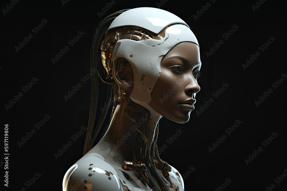 3d rendering of a female robot isolated on black background. Futuristic artificial intelligence. 3d rendering of a female robot isolated on black background. Futuristic artificial intelligence.