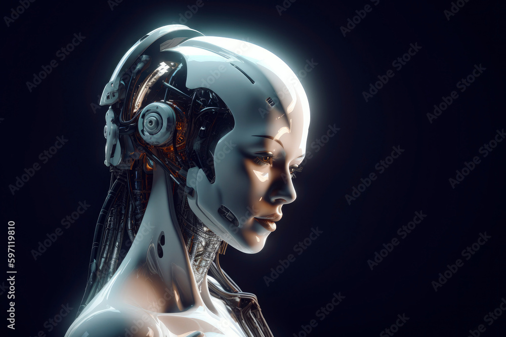 3d rendering of a female robot isolated on black background. Futuristic artificial intelligence. 3d rendering of a female robot isolated on black background. Futuristic artificial intelligence.