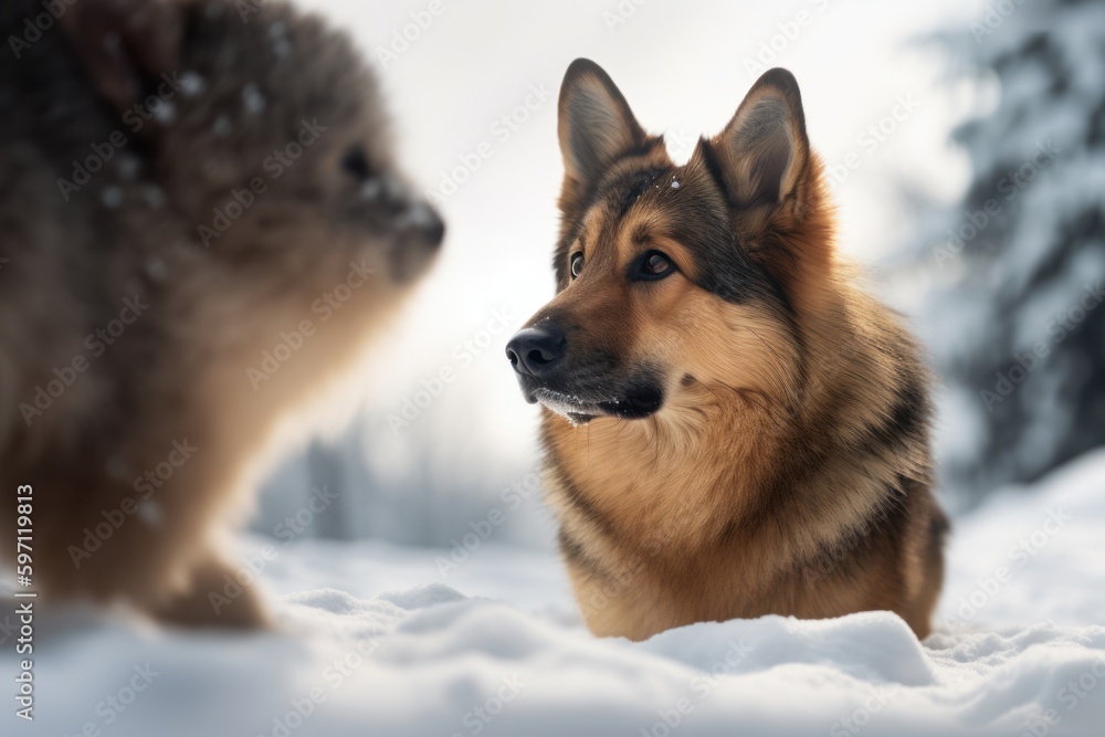 Full-length portrait photography of an aggressive german shepherd being with a pet hamster against snowy winter landscapes background. With generative AI technology Full-length portrait photography of an aggressive german shepherd being with a pet hamster against snowy winter landscapes background. With generative AI technology