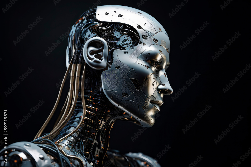 3d rendering of a female robot isolated on black background. Futuristic artificial intelligence. 3d rendering of a female robot isolated on black background. Futuristic artificial intelligence.