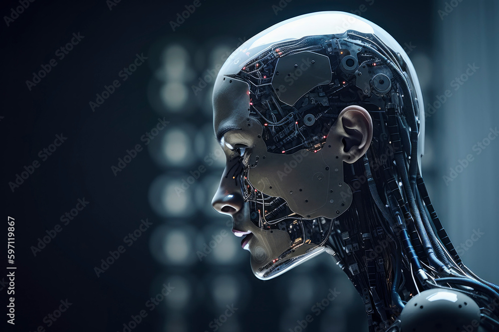 3d rendering of a female robot isolated on black background. Futuristic artificial intelligence. 3d rendering of a female robot isolated on black background. Futuristic artificial intelligence.
