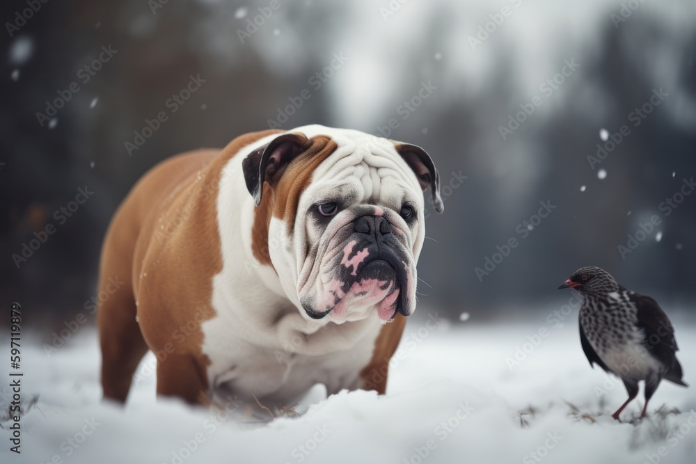 Obraz premium Group portrait photography of an aggressive bulldog being with a pet bird against snowy winter landscapes background. With generative AI technology