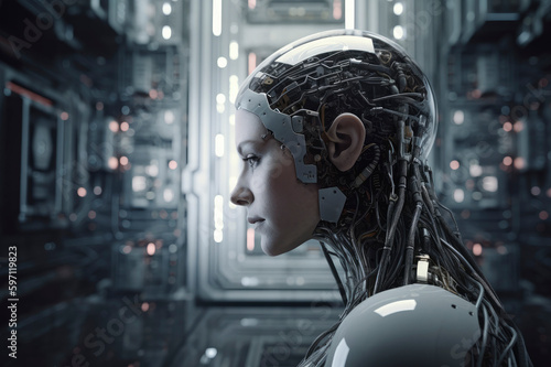 3d rendering of a female robot isolated on black background. Futuristic artificial intelligence.
