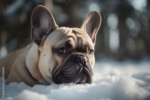 Lifestyle portrait photography of an aggressive french bulldog lying down against snowy winter landscapes background. With generative AI technology © Markus Schröder