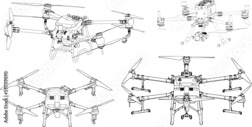 Drones Quadcopter FPV. Vector Outline. Drone Vector Isolated. White Background.

