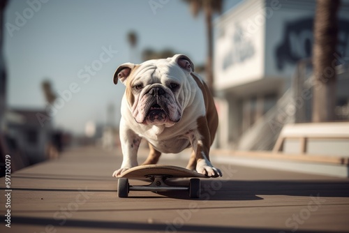 Lifestyle portrait photography of a happy bulldog skateboarding against beach boardwalks background. With generative AI technology © Markus Schröder
