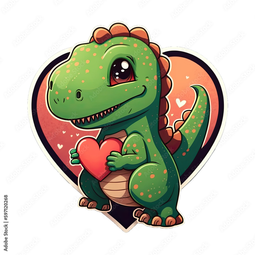 Obraz premium Cute cartoon dinosaur holding a heart as a gift, cutout sticker illustration for children books or romantic letter, AI Generated