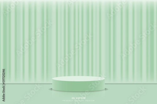 Abstract 3d green cylinder podium pedestal stage realistic with luxury curtain background. Stage for show product, mockup or template. 3d vector rendering. design for product placing or promoting.