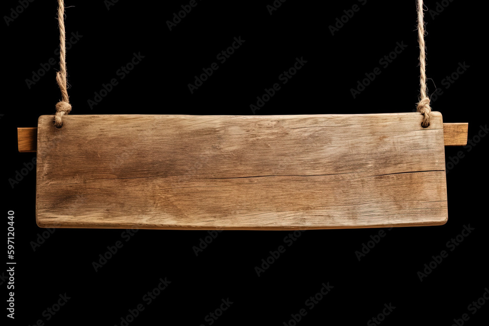 Wooden sign plain hanging from rope isolated on black background. Created with Generative AI Technology Wooden sign plain hanging from rope isolated on black background. Created with Generative AI Technology