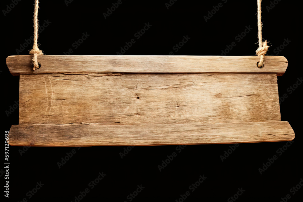Wooden sign plain hanging from rope isolated on black background. Created with Generative AI Technology Wooden sign plain hanging from rope isolated on black background. Created with Generative AI Technology