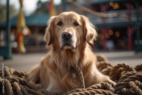 Group portrait photography of an aggressive golden retriever playing with a rope toy against amusement parks background. With generative AI technology © Markus Schröder