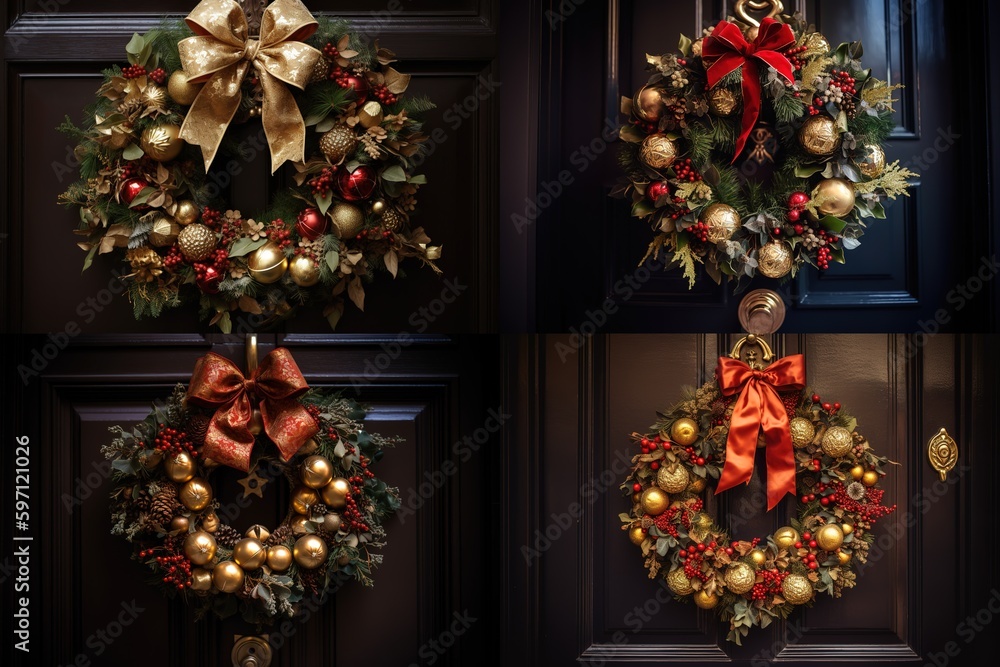 Xmas door wreath decor , gold and red balls, GENERATIVE AI
