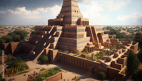 Ancient city of Babylon with the tower of Babel, bible and religion, new testament, speech in different languages,Illustration photo