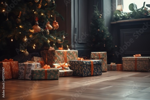 Beautiful Christmas gift boxes on floor near Christmas Tree, generative AI © ranjan