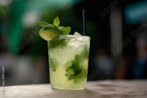mojito cocktail with lime, mint, and ice in a glass, complete with droplets. popular summer beverage