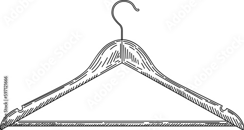 Wooden coat hanger in vintage engraved style. Sketch of coat hanger.