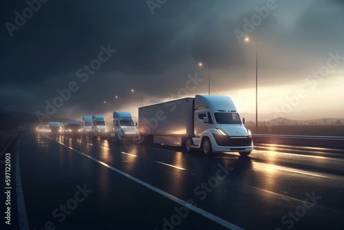 A group of self-driving trucks on a highway. Connected vehicles idea. 3D rendered image. Generative AI © Isannah