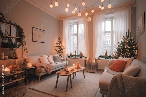 Living room with xmas decorations Interior, generative AI
