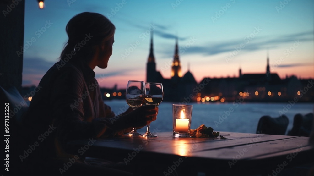 people relax at summer night in cafe ,drink wineview on old town city and sea on sunset  street cafe ,no focus,blurred background ,generated ai