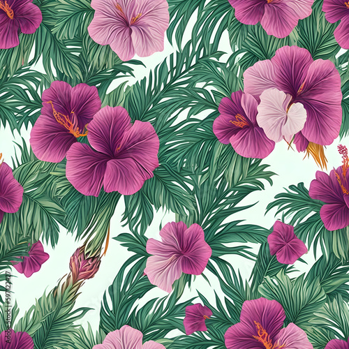 seamless pattern with flowers, : A nostalgic Exotic Pineapple And Hibiscus Seamless pattern with soft pastel colors and delicate details, rendered background