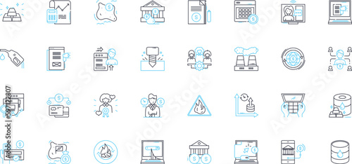 Fiscal dilemma linear icons set. Budget, Debt, Deficit, Taxes, Inflation, Spending, Revenue line vector and concept signs. Economic,Cuts,Austerity outline illustrations