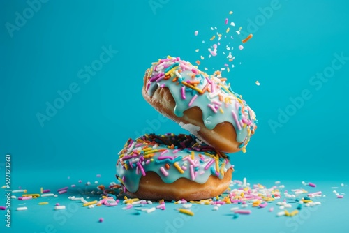 Colorful donuts with sprinkles on a blue background. Generative AI