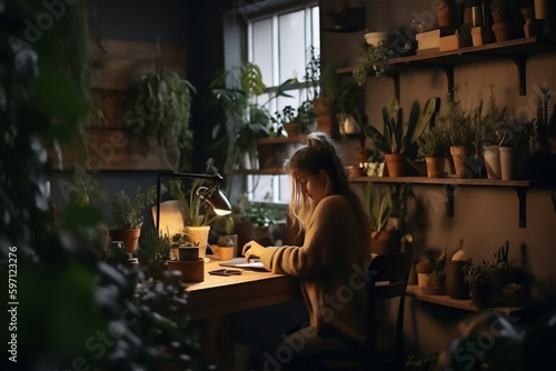 woman working in a home office with a biophilic interior design that features many green plants