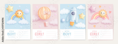Set of baby shower invitation with cartoon rainbow, sun, rocket and hot air balloon on blue and pink background. It's a boy. It's a girl. Vector illustration