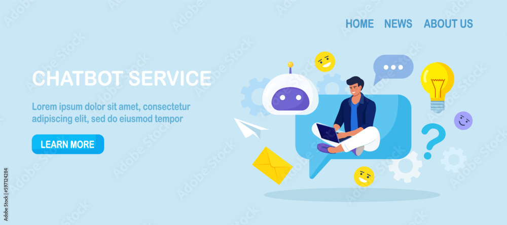Customer talking with chatbot. Person chatting with robot, asking questions and receiving answers. Artificial Intelligence in marketing. FAQ. Chat bot virtual assistant. Customer support