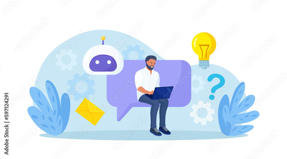Customer talking with chatbot. Person chatting with robot, asking questions and receiving answers. Artificial Intelligence in marketing. FAQ. Chat bot virtual assistant. Customer support Customer talking with chatbot. Person chatting with robot, asking questions and receiving answers. Artificial Intelligence in marketing. FAQ. Chat bot virtual assistant. Customer support