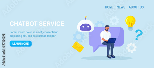 Customer talking with chatbot. Person chatting with robot, asking questions and receiving answers. Artificial Intelligence in marketing. FAQ. Chat bot virtual assistant. Customer support