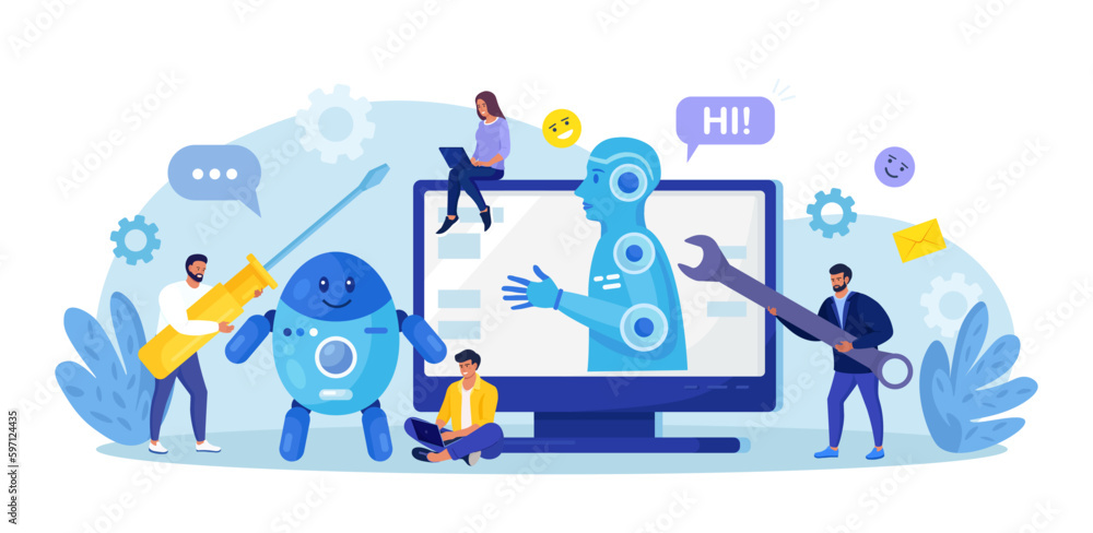 Robotic process automation innovation technology. People develop chatbot with electronic tools, software. Artificial Intelligence in marketing. FAQ. Chat bot virtual assistant. Customer support Robotic process automation innovation technology. People develop chatbot with electronic tools, software. Artificial Intelligence in marketing. FAQ. Chat bot virtual assistant. Customer support