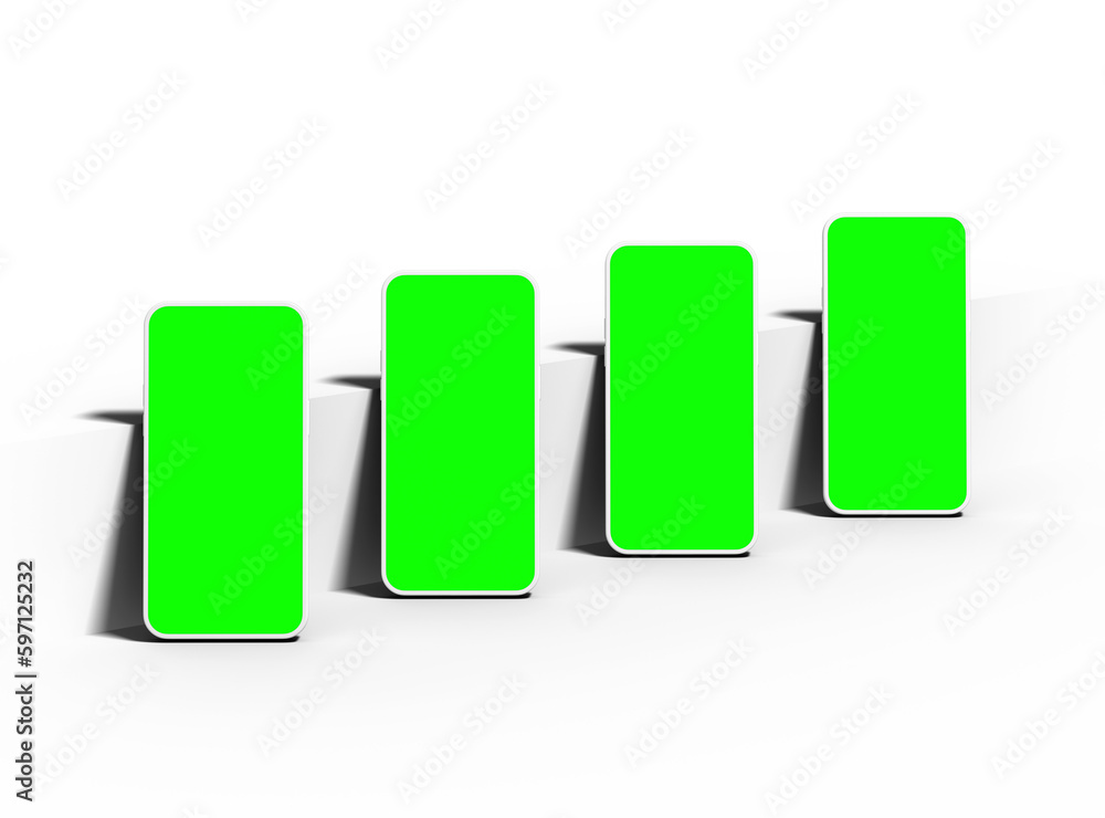 Unbranded white smartphones Template with easily changeable green screens on a transparent background. Unbranded white smartphones Template with easily changeable green screens on a transparent background.