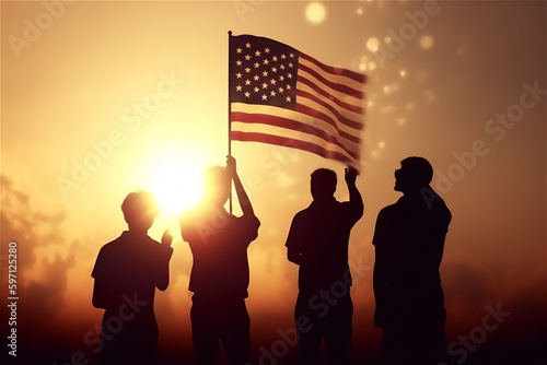 patriotic silhouettes of people holding American flag, perfectly 4th of July celebrations