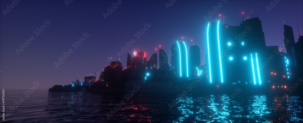 Cyberpunk scene. Neon futuristic city on the coast of the ocean. Urban future. Purple night in a city of a future with blue neon lights. Futuristic skyscrapers with bright glowing. 3D illustration.