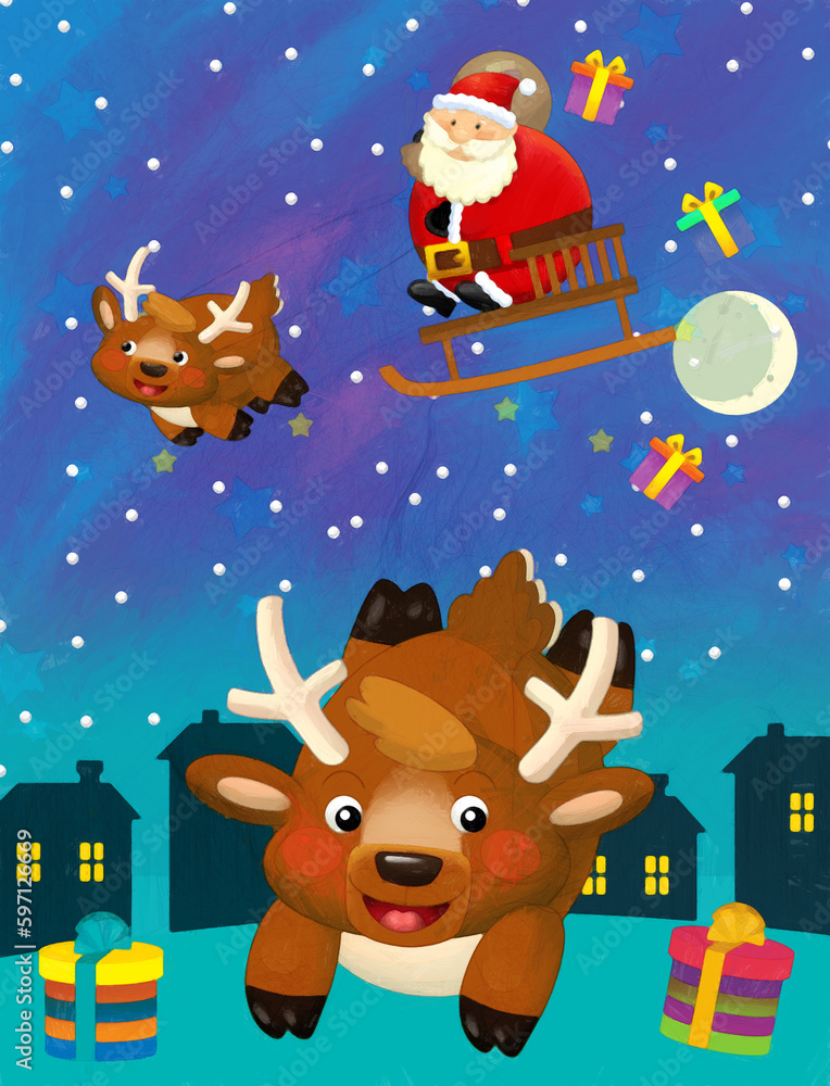 Naklejka premium Christmas happy scene with santa claus deer or reindeer and santa is flying - illustration for children artistic painting scene