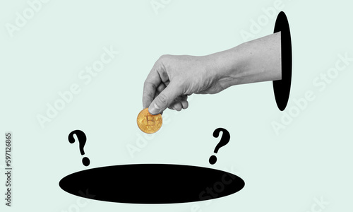 Canvastavla Art collage, the hand with cryptocurrency throws a dark hole into the unknown