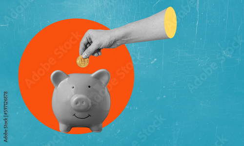 фотографія Art collage, the hand puts cryptocurrency in a piggy bank on blue background with space for text
