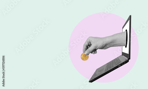 Fotografija Creative drawing collage image of a hand holding a cryptocurrency, gold coins from a laptop
