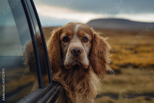 Group portrait photography of a curious cocker spaniel sticking head out of a car window against tundra landscapes background. With generative AI technology