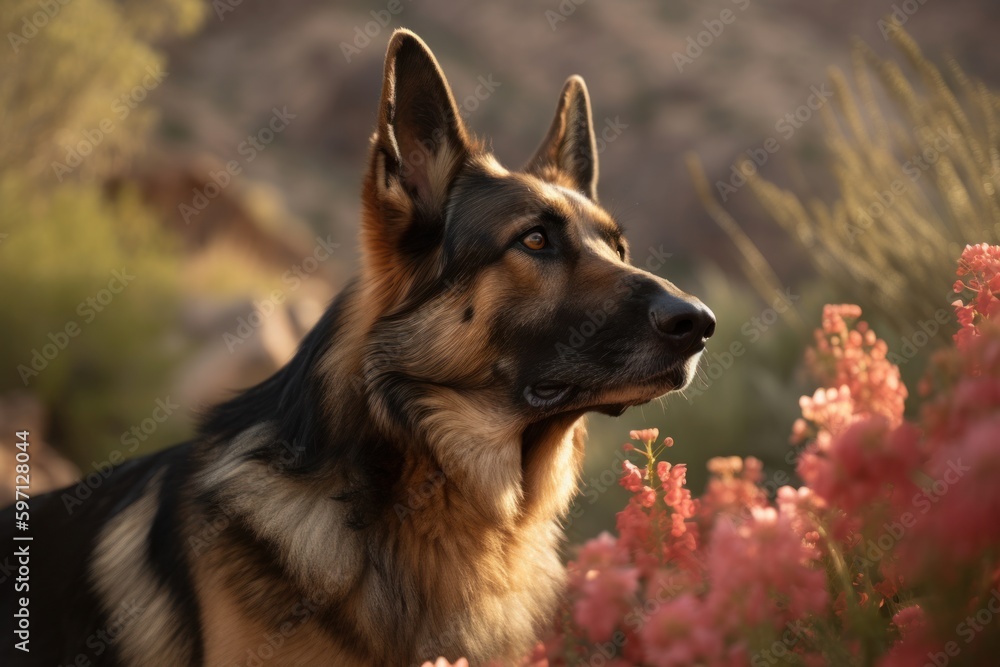 Group portrait photography of an aggressive german shepherd smelling flowers against gorges and canyons background. With generative AI technology