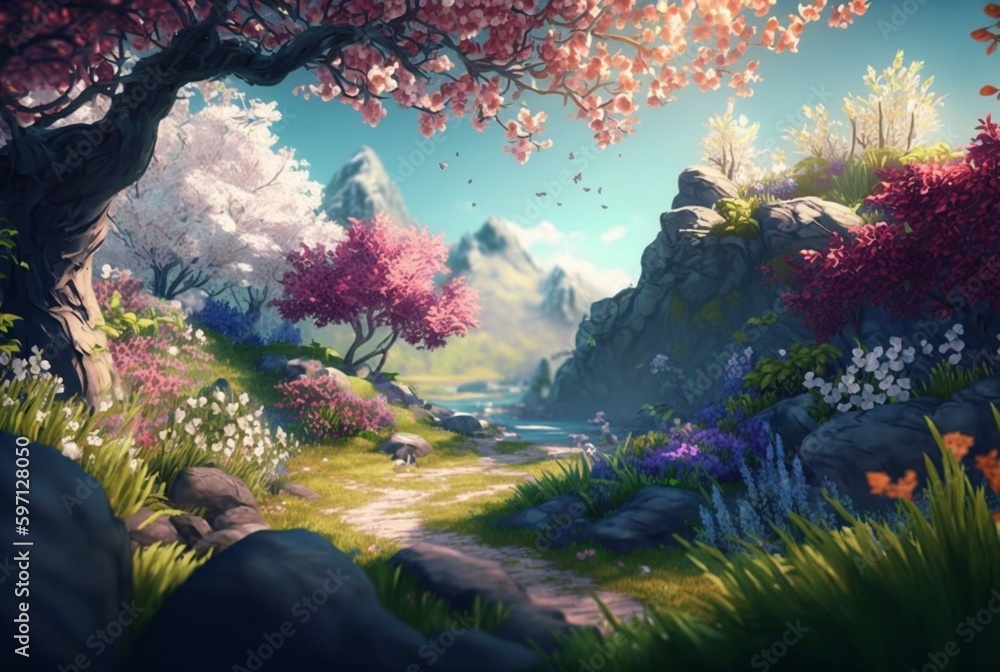 beautiful colorful spring landscape background, generative ai
