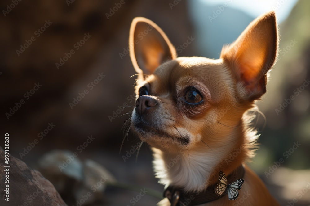 Lifestyle portrait photography of a curious chihuahua having a butterfly on its nose against gorges and canyons background. With generative AI technology