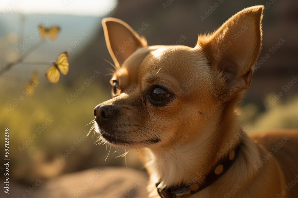 Lifestyle portrait photography of a curious chihuahua having a butterfly on its nose against gorges and canyons background. With generative AI technology Lifestyle portrait photography of a curious chihuahua having a butterfly on its nose against gorges and canyons background. With generative AI technology