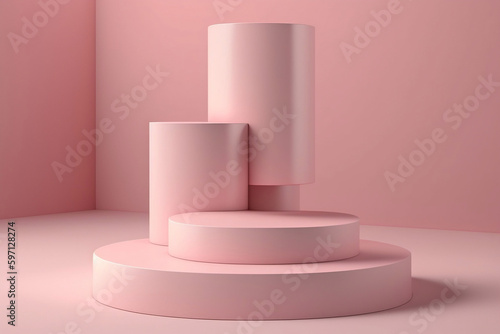 A 3D rendering of a pink product background stand or podium pedestal on an empty display