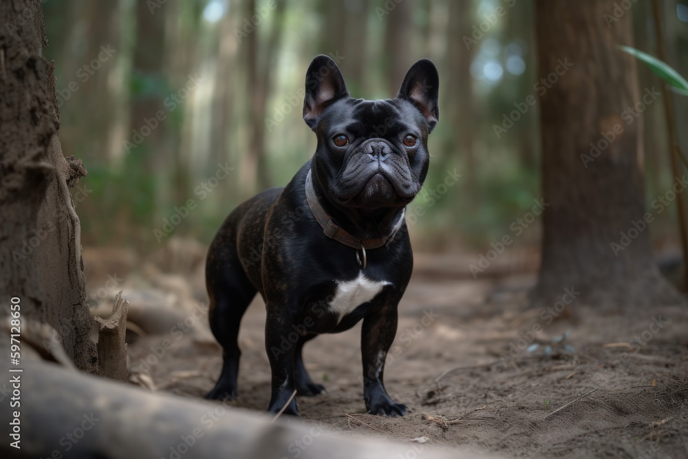 Full-length portrait photography of an aggressive french bulldog being at a dog park against bamboo forests background. With generative AI technology Full-length portrait photography of an aggressive french bulldog being at a dog park against bamboo forests background. With generative AI technology