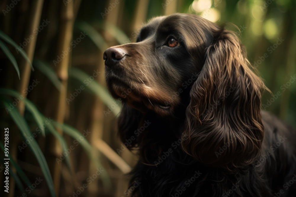 Medium shot portrait photography of an aggressive cocker spaniel having a paw print against bamboo forests background. With generative AI technology