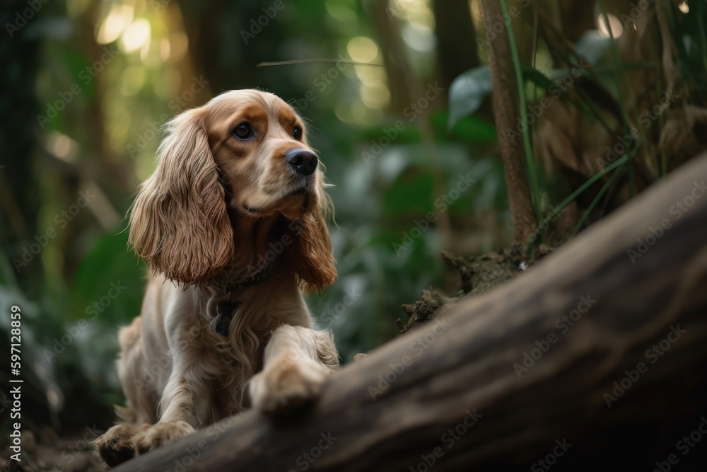 Medium shot portrait photography of an aggressive cocker spaniel having a paw print against bamboo forests background. With generative AI technology Medium shot portrait photography of an aggressive cocker spaniel having a paw print against bamboo forests background. With generative AI technology